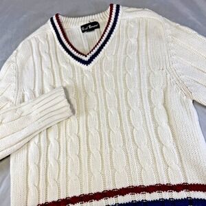 Vintage Bud Berma Tennis Cricket Sweater White Cable Knit V-Neck Men's Size XL